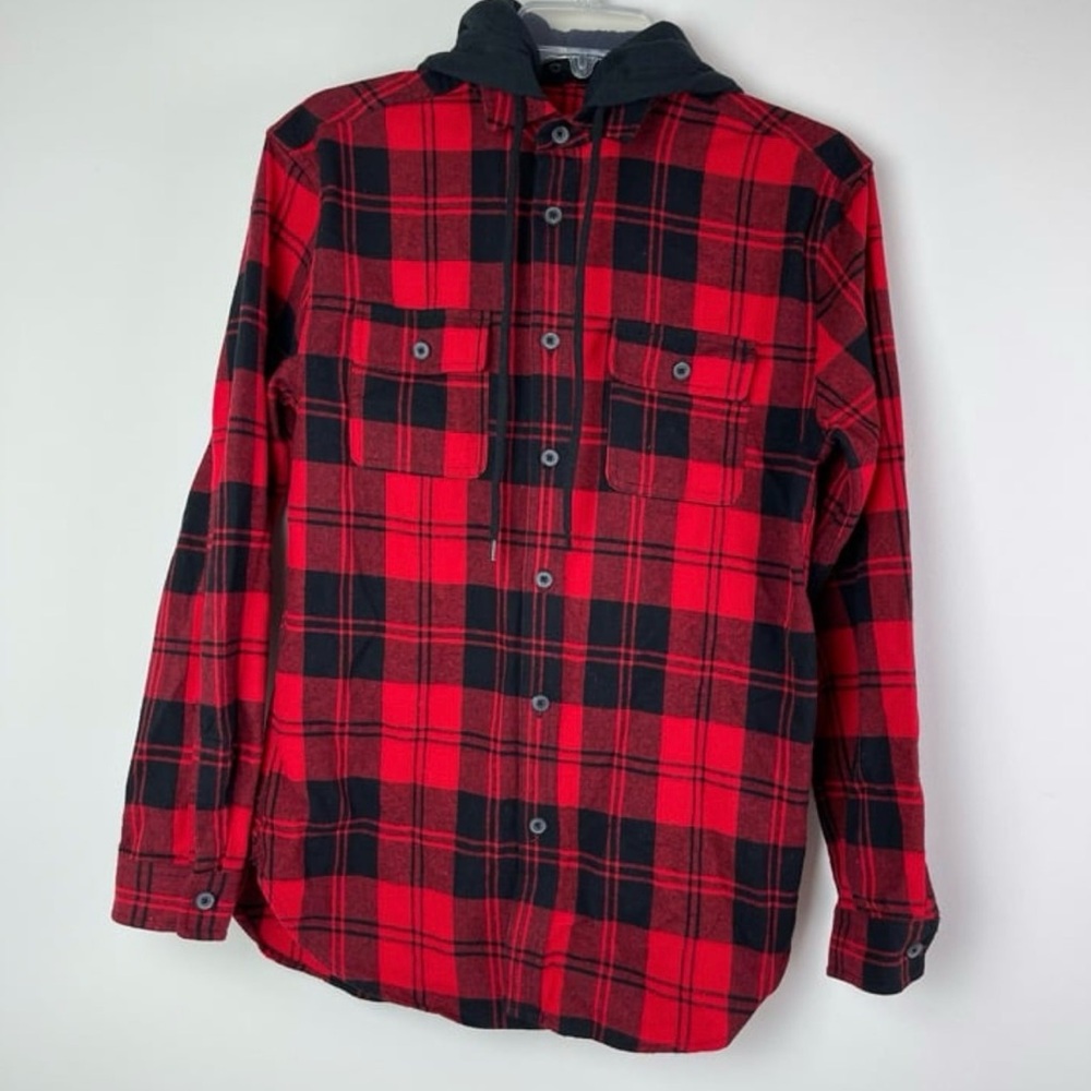 Red and Black Checkered plaid Button-up Long Sleeve Shirt With Removable Hood